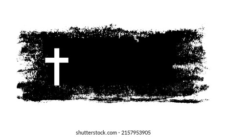 Shape of the cross. Space for text. Modern vector logo, banner, shield, drawing of Christianity. Grunge background.