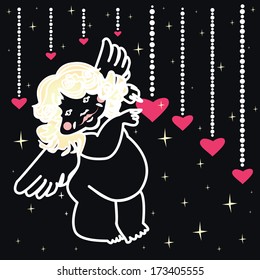 Shape of cute angel and hearts on the dark background. 