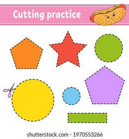 Shape Cutting practice for kids. Education developing worksheet. Activity page with pictures. Color game for children. Isolated vector illustration. Funny character. Cartoon style.