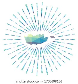 Shape of Cyprus with a polygonal sunburst design. A colorful map of the country featuring star rays in a digital, technology-inspired style. Vector illustration.