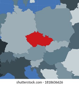 Form der Tschechischen Republik im Kontext der Nachbarländer. Land mit roter Farbe auf der Weltkarte. Tschechische Republik Kartenvorlage. Vektorgrafik.