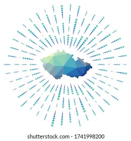 Forma de la República Checa, arrebato poligonal. Mapa del país con coloridos rayos de estrellas. Ilustración de la República Checa en digital, tecnología, internet, estilo de red. Ilustración vectorial.