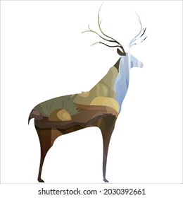 The shape of a deer with a waterfall and rock pattern. For environmental posters, animal protection. Flat vector illustration