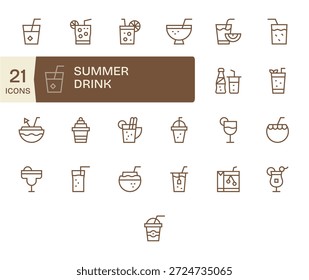 Dê forma a experiências deliciosas com 25 ícones de Linha Regular alinhados ao Summer Drink, criados para maior clareza.