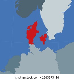 Shape of the Denmark in context of neighbour countries. Country highlighted with red color on world map. Denmark map template. Vector illustration.