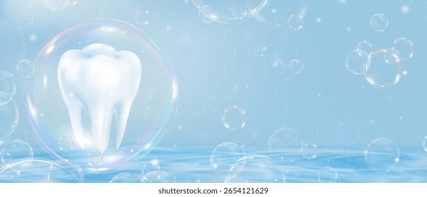 Shape Dentist Light Background Design In 3D With Water And Sky Banner, Nature Illustration For Doctor On Blue Background, White Health Hospital And Blue Dental Care Concept For Medical Presentation