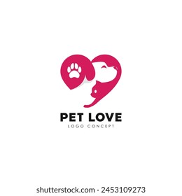 The shape of a dog and a cat forming love, Pet Lovers Logo Design Symbol Template Flat Style Vector Illustration