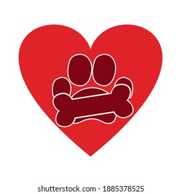 Forma de la pata de perro y hueso en la forma del corazón. Ilustración vectorial. Logotipo