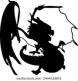 Shape of dragon with wings. Vector illustration of green wood dragon with wings pointing with its right paw finger. Winged dragon with horns, teeth, mustache, paws, tail and horny scales.