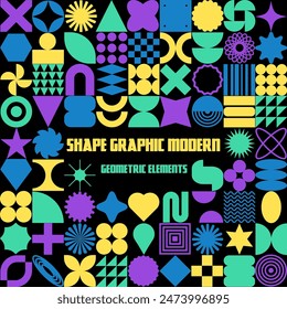 Shape element sticker. Graphic abstract geometric elements and flower, round and square form, figure modern, y2k emblem, spark, frame retro Bauhaus design. Simple cover trendy. Vector collage on black