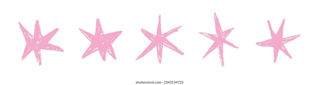 Shape elements, abstract. Graphic pink stars among scribble doodles, color collage. Flat vector illustrations isolated on white background