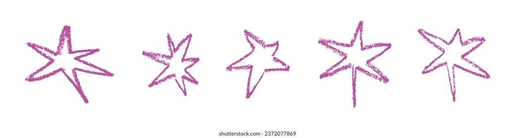 Shape elements, abstract. Graphic pink stars among scribble doodles, color collage. Flat vector illustrations isolated on white background