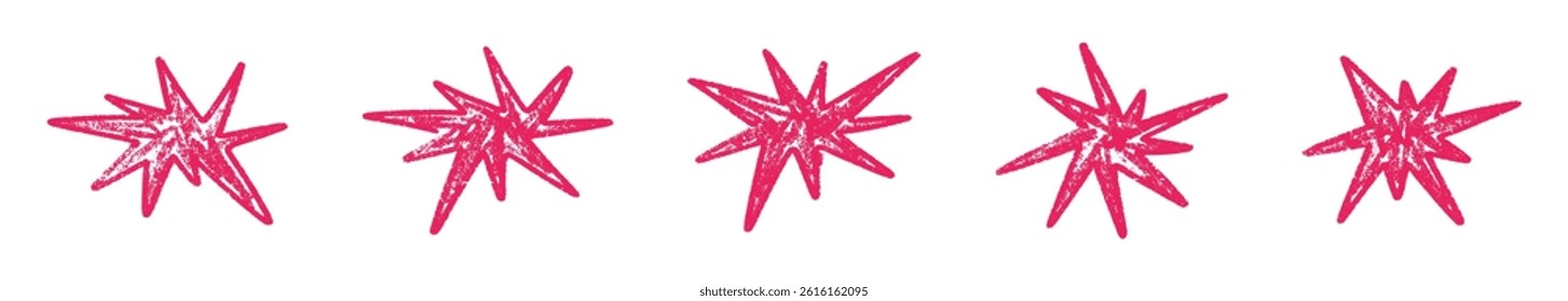 Shape elements, abstract. Graphic pink stars among scribble doodles, color collage. Flat vector illustrations isolated on white background.