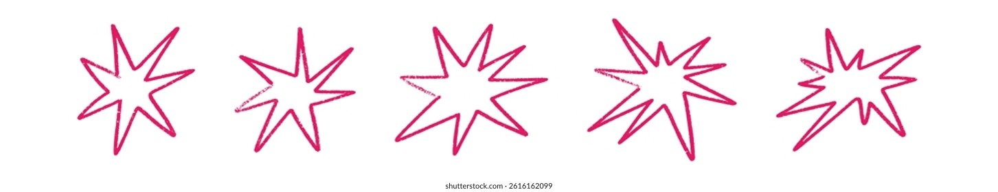 Shape elements, abstract. Graphic pink stars among scribble doodles, color collage. Flat vector illustrations isolated on white background.