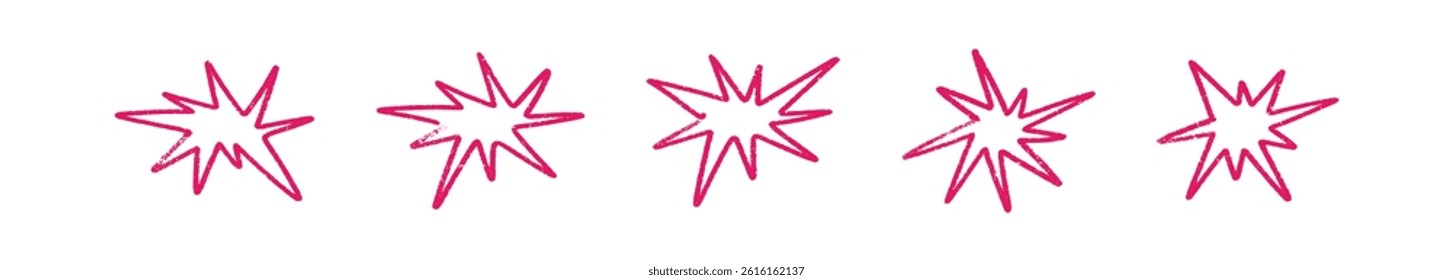 Shape elements, abstract. Graphic pink stars among scribble doodles, color collage. Flat vector illustrations isolated on white background.