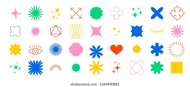 Shape elements, geometric abstract graphic minimal design, vector patch pattern. Geometric shape elements circle, star and triangle, line figures and abstract minimal art icons