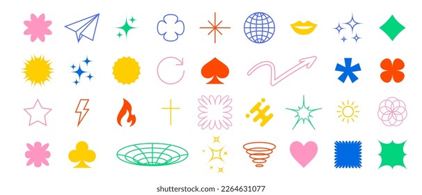 Shape elements, geometric design and abstract graphic, vector minimal circle, star and triangle line patch pattern. Geometric shape elements and figures of flower and heart minimal abstract icons