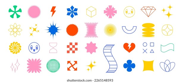 Shape elements, geometric design and abstract graphic, vector minimal circle, star and triangle line patch pattern. Geometric shape elements and figures of flower and heart minimal abstract icons