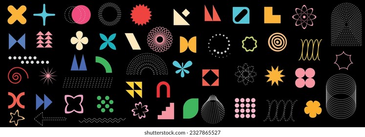 Shape elements, geometric design and abstract graphics, vector minimum circle, spot pattern on star and triangle line