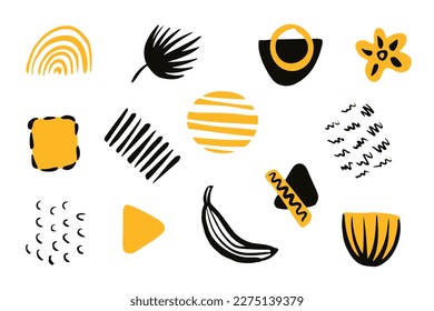 Shape elements in trendy style. Vector design elements. Abstract dots, lines, curves shapes illustration set. Modern style poster