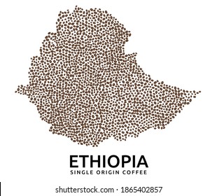 Shape of Ethiopia map made of scattered coffee beans, country name below