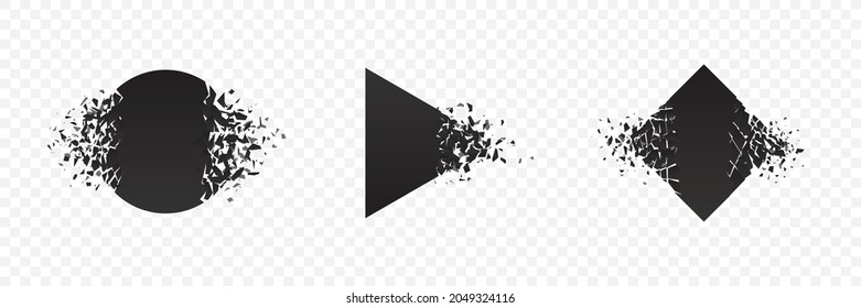 Shape explosion breaked and shattered flat style design vector illustration set isolated on transparent background. Square rhombus, circle, triangle shapes in grayscale gradient exploding demolition.