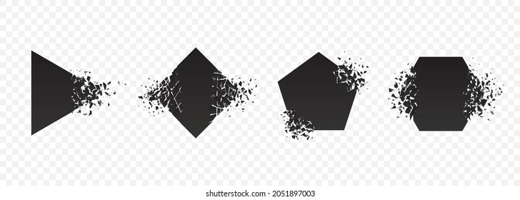 Shape explosion broken and shattered flat style design vector illustration set isolated on transparent background. Rhombus, hexagon, triangle, pentagon shape in grayscale gradient exploding demolition