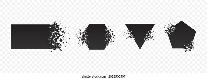 Shape explosion broken   shattered flat style design vector illustration set isolated transparent background  Rhombus  hexagon  triangle  pentagon shape in grayscale gradient exploding demolition