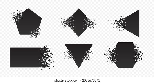 Shape explosion broken and shattered flat style design vector illustration set isolated on transparent background. Rhombus, hexagon, triangle, pentagon, rectangle shape grayscale exploding demolition.