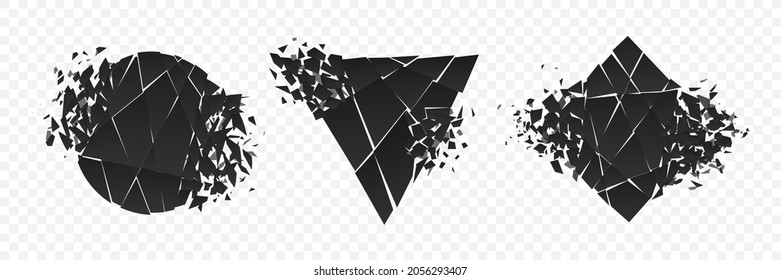 Shape explosion broken and shattered flat style design vector illustration set isolated on transparent background. Square rhombus, circle, triangle shapes in grayscale gradient exploding demolition.