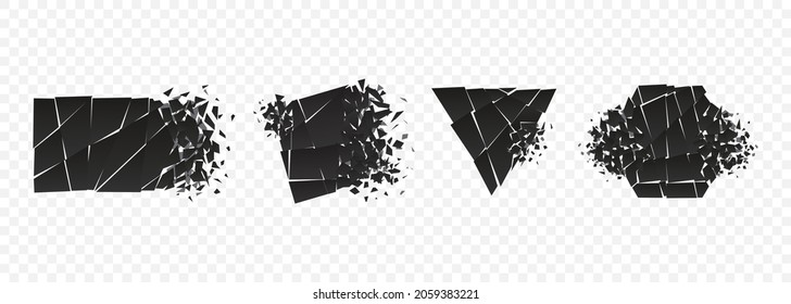 Shape explosion broken and shattered flat style design vector illustration set isolated on transparent background. Rhombus, hexagon, triangle, pentagon shape in grayscale gradient exploding demolition