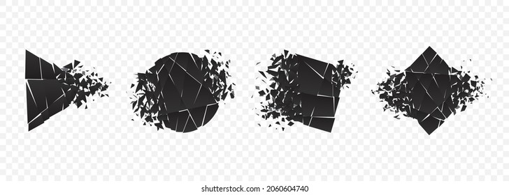 Shape explosion broken and shattered flat style design vector illustration set isolated on transparent background. Square, rhombus, circle, triangle shapes in grayscale gradient exploding demolition.