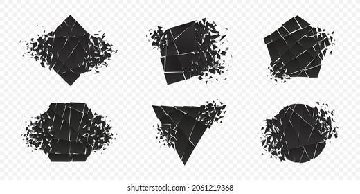 Shape explosion broken and shattered flat style design vector illustration set isolated transparent background. Rhombus, hexagon, triangle, pentagon, square circle shape grayscale exploding demolition