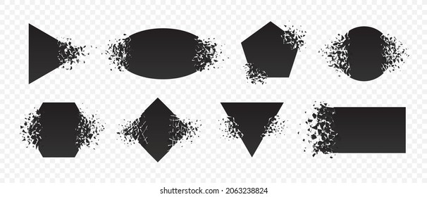 Shape explosion broken and shattered flat style design vector illustration set isolated on transparent background. Rhombus, hexagon, triangle, pentagon, rectangle shape grayscale exploding demolition.