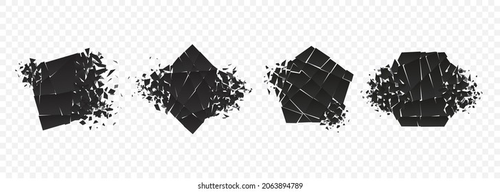 Shape explosion broken and shattered flat style design vector illustration set isolated on transparent background. Rhombus, hexagon, square, pentagon shape in grayscale gradient exploding demolition