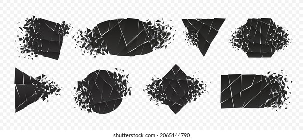 Shape explosion broken and shattered flat style design vector illustration set isolated on transparent background. Rhombus, hexagon, triangle, pentagon, rectangle shape grayscale exploding demolition.