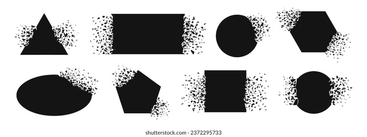 Shape explosion, frame exploded and spray particles. Black square, circle and triangle exploding. Shatter plastic, broken surface racy vector set