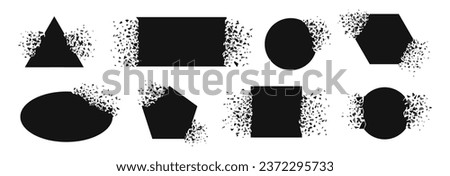 Shape explosion, frame exploded and spray particles. Black square, circle and triangle exploding. Shatter plastic, broken surface racy vector set Stockfoto © 