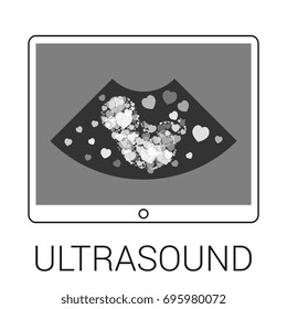 shape of fetus filled with hearts in mother womb ultrasound illustration