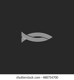 Shape fish logo monogram, parallel interweaving lines hipster fishing emblem, seafood restaurant menu symbol