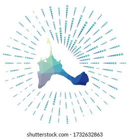 Forma de Formentera, arrebato poligonal. Mapa de la isla con coloridos rayos estelares. Ilustración de Formentera en digital, tecnología, internet, estilo de red. Ilustración vectorial.