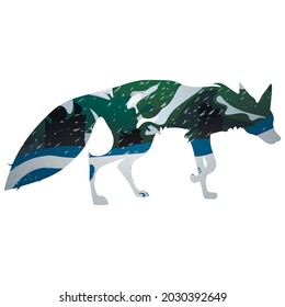 The shape of a fox with a pattern of a winter forest. For environmental posters, animal protection. Flat vector illustration