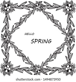 Shape frame with ornament leaf flower, for text hello spring. Vector