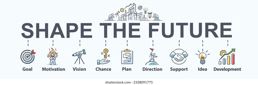 Shape the future banner web icon for business planning and organization, goal, motivation, vision, chance, plan, direction, support, ideas and development. Minimal vector infographic.