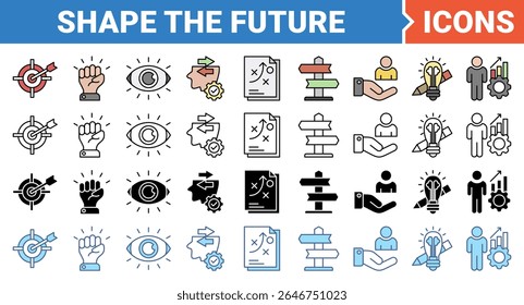 Dé forma al concepto futuro para el conjunto de iconos de planificación empresarial con múltiples estilos de colección.