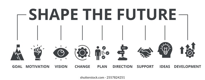 Shape the future glyph banner icon of goal, motivation, vision, chance, plan, direction, support, ideas, and development