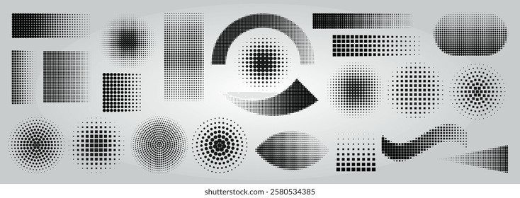 Shape geometric dot. Halftone geometric element with square, circle and line. Pixel color symbol, minimal tone pattern. Half-gradient round. Decorative background design. Comic art vector isolated set