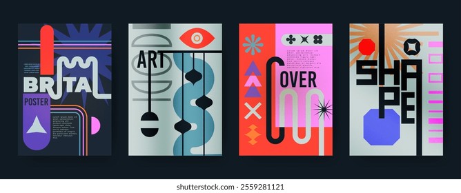 Shape geometric poster. Design abstract pattern. Art modern graphics. Line layout with minimal text. Cover icon figure. Minimal brutal forms, decorative background. Vector simple basic decoration