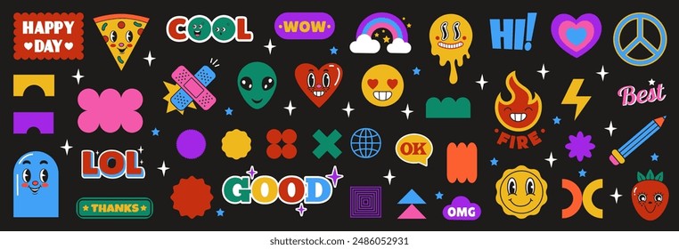 Forma geométrica, diseño de pegatina. Elemento Abstractas, icono gráfico retro. Conjunto moderno de tipografía. Doodle estrella y2k color, figura vintage, sonrisa fresca. Arcoiris, corazón y frases. Vector fondo ordenado