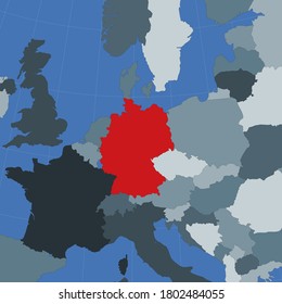 Shape of Germany in context of neighbor countries. Country highlighted with red color on world map. Germany map template. Vector illustration.